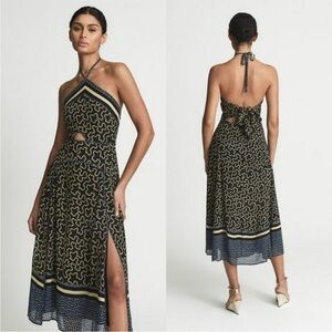 REISS Alexandria Printed Cutout Midi Dress Navy Yellow Size 8